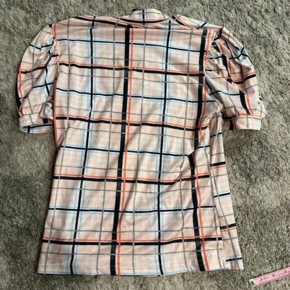 Peach Blue Black Striped Plaid High Neck Puff Sleeve Women's Blouse - Picture 4 of 8